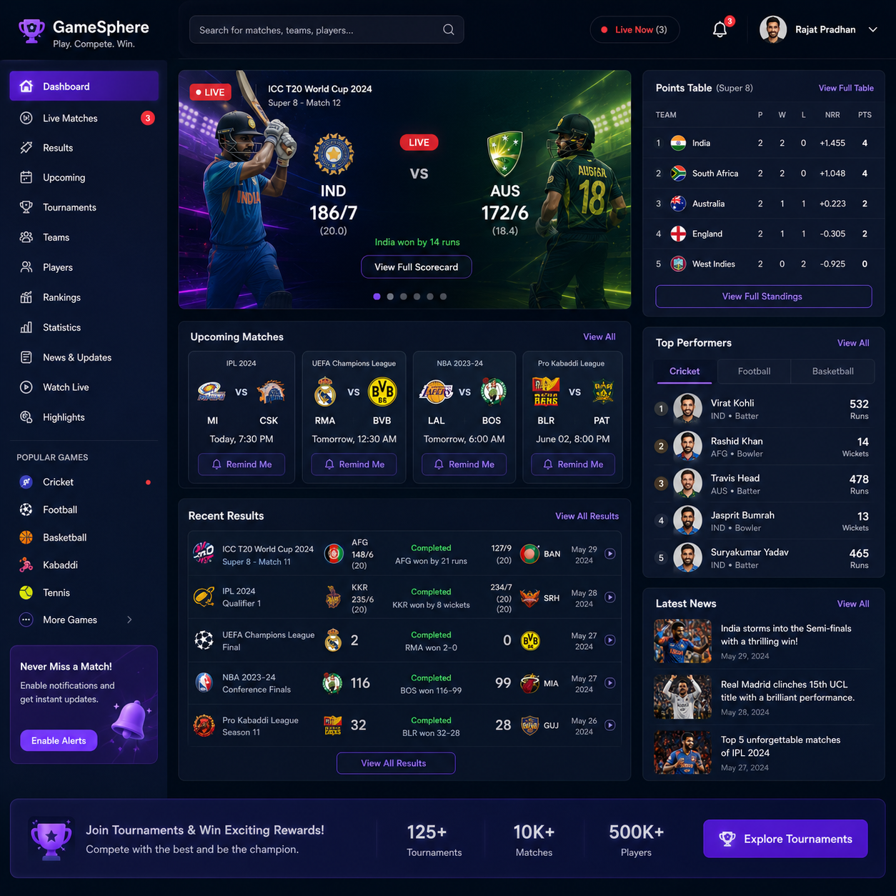 Game & Result Display Portal Dashboard Showcase